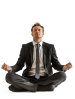 A man in a business suit with a tie that free and windblown is sitting in the lotus posture with closed eyes. On a pure white background png