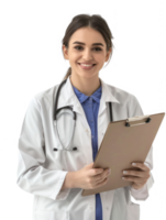 Smiling female doctor holding clipboard isolate on transparency background png