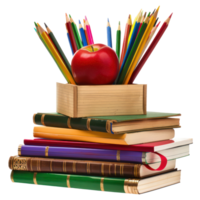 box of pencils and stack of books with red apple isolate on transparency background png