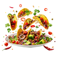 floated Mexican food Tacos with ingredients falling into a plate isolate on transparency background png