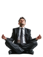 A man in a business suit with a tie that free and windblown is sitting in the lotus posture with closed eyes. On a pure white background png