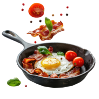 floated Fried egg, bacon and cherry tomatoes flying into iron skillet isolate on transparency background png