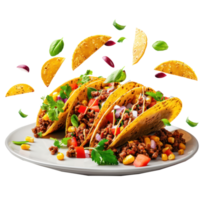 floated Mexican food Tacos with ingredients falling into a plate isolate on transparency background png