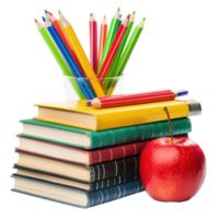 box of pencils and stack of books with red apple isolate on transparency background png