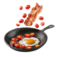floated Fried egg, bacon and cherry tomatoes flying into iron skillet isolate on transparency background png
