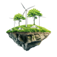 floated green grass island with 3 wind turbine in the air isolate on transparency background png