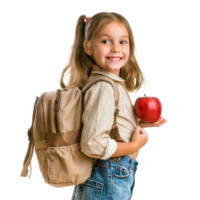 Happy girl with school backpack with red apple, standing isolate on transparency background png