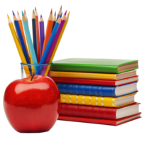 box of pencils and stack of books with red apple isolate on transparency background png