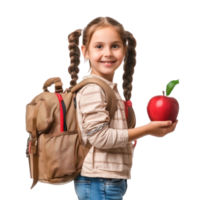 Happy girl with school backpack with red apple, standing isolate on transparency background png