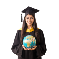 student in a graduation gown holding an earth globe in hand isolate on transparency background png