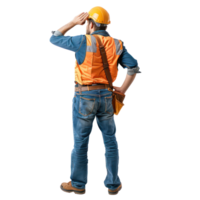 Back view of construction worker looking at something up, standing isolate on transparency background png