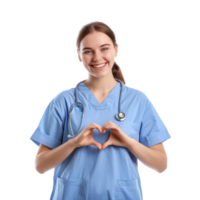 Smiling young female nurse making heart geture with hand, standing isolate on transparency background png