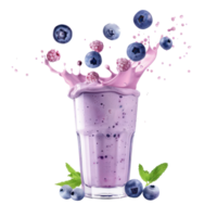 blueberry and blueberry milkshake smoothie falling into a glass isolate on transparency background png