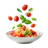 floated FPasta with tomatoes and basil falling into a plate isolate on transparency background png