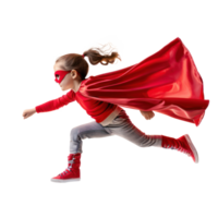 Little girl flying with superhero red cape and mask isolate on transparency background png