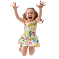 Floated overjoyed little girl jumping and gesturing happiness isolate on transparency background png