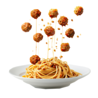 floated Spaghetti pasta with meatballs falling into a plate isolate on transparency background png