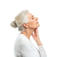 Portrait of facial senior model with hand gesture, face care concept side view isolate on transparency background png