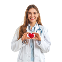 Smiling young female doctor making heart geture with hand, standing isolate on transparency background png