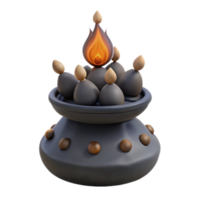 3D Render of a Clay Pot with a Flame Atop a Layer of Eggs png
