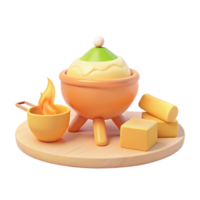 3D Render of a Pot with a Green Lid and a Flame on a Wooden Cutting Board with Butter png