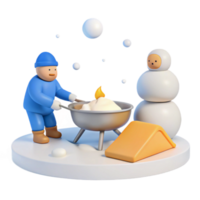 Winter Camping Fun Snowman and Character Enjoying a Campfire with Snow png