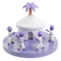 3D Render of Four Cartoon Figures Dancing Around a Tent with a Palm Tree png