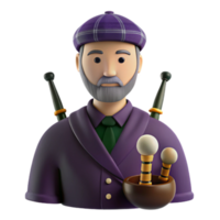 3D Render of a Man in a Purple Kilt Holding Bagpipes png