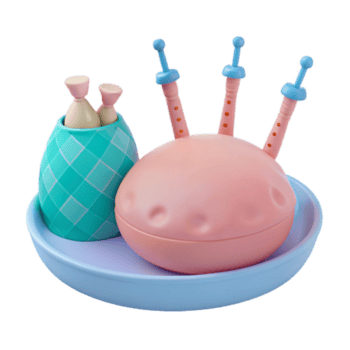 3d reso colorato giocattolo impostato con un' il giro rosa oggetto, blu picchi e un' alzavola fantasia contenitore png