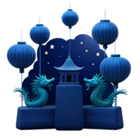 Blue Dragon and Pagoda with Lanterns Under a Starry Sky png