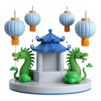 3D Illustration of a Pagoda with Dragons and Lanterns png