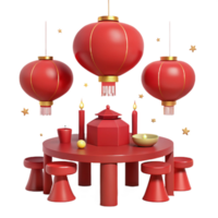 Red Lanterns and a Round Table with Stools png