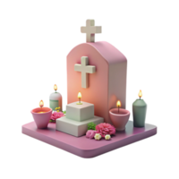 3D Render of a Gravestone with Candles and Flowers png