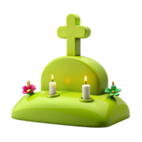 3D Render of a Green Grave with a Cross and Two Lit Candles png