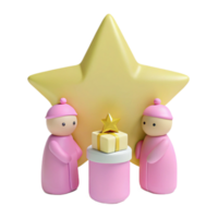 3D Rendered Illustration of Two Pink Characters Standing Beside a Gift Box with a Yellow Star png