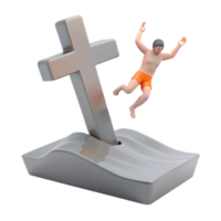 3D Illustration of a Man Falling into the Sea with a Cross in the Background png