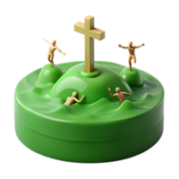 3D Render of a Golden Cross on a Green Island with Figures png