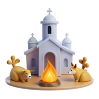 3D Render of a Church with a Fire and Two Animals png