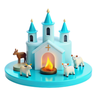 3D Render of a Blue Church with a Fire and Animals png