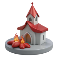 3D Church with Red Roof and Flames png