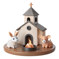 3D Render of a Small Church with a Rabbit and a Dog png