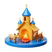 3D Render of a Small Church with a Fire and Two Animals png