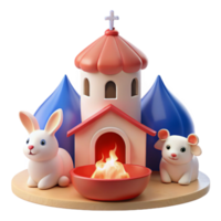Cute 3D Render of a Church with Rabbits and Mice png