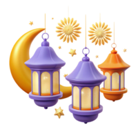 Purple and Orange Lanterns with Crescent Moon and Stars png