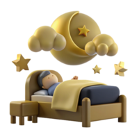 3D Illustration of a Person Sleeping in a Bed with a Crescent Moon and Stars png
