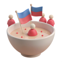 3D Render of a Bowl Filled with a Pink Liquid, Small Figures Surrounding It, and a Flag Sticking Out png