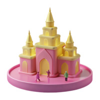 3D Render of a Pink and Yellow Castle with Tiny Figures png