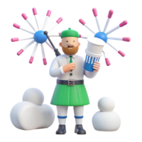 3D Cartoon Character in Kilt with a Bagpipe and a Cup of Popcorn png