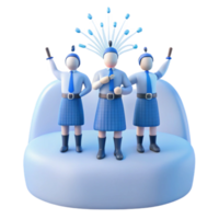 Three 3D Rendered Figures in Blue Uniforms Standing on a Platform with a Feathery Decoration png