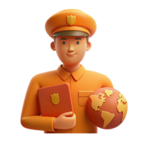 3D Illustration of a Security Officer Holding a Globe and a Passport png